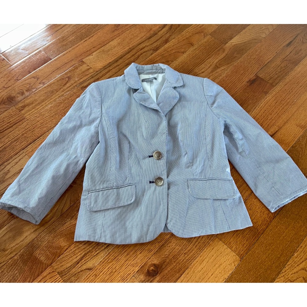Ann Taylor Blue White Pinstripe Seersucker Blazer Jacket Size 8 Cotton Blend